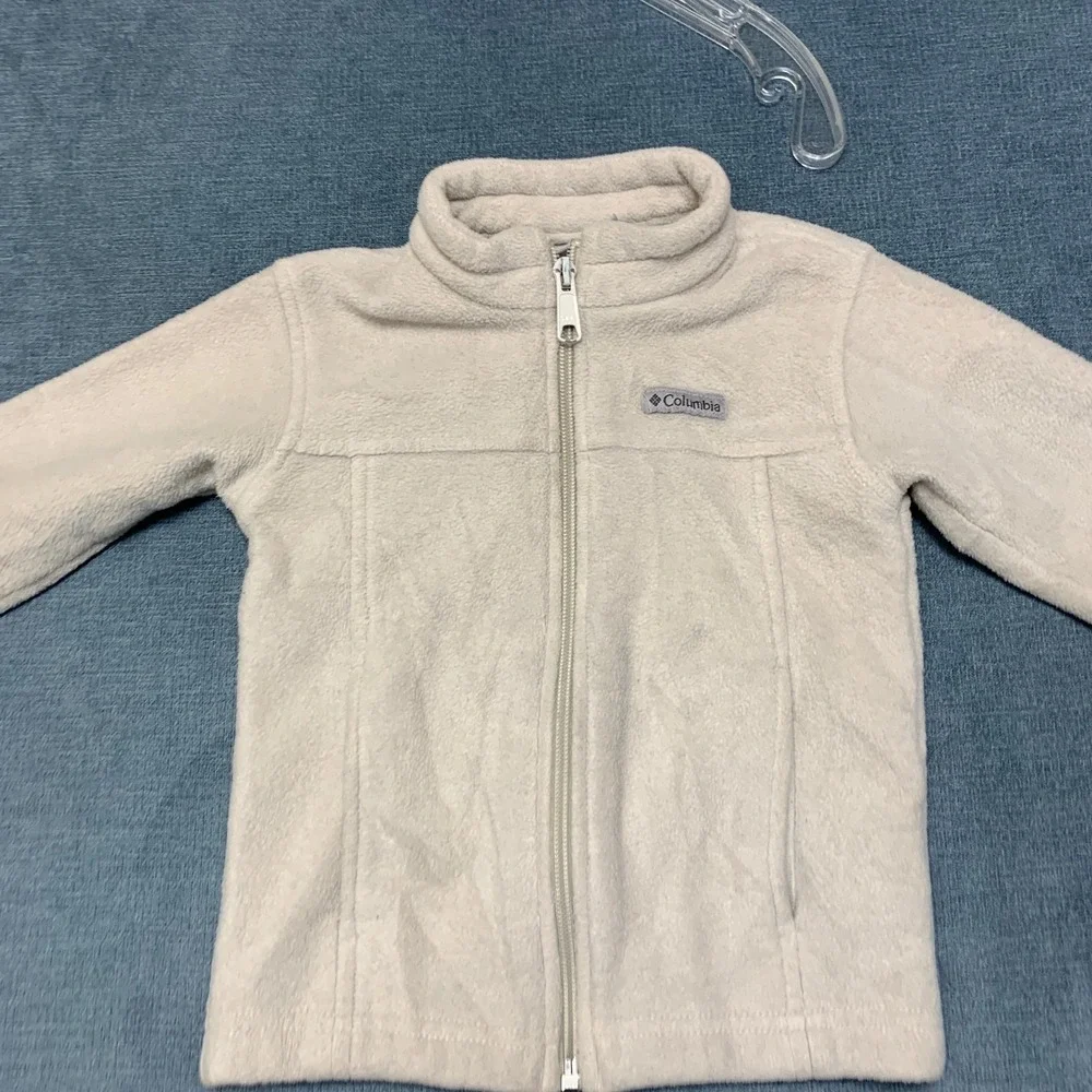 Columbia Fleece Jacket Boys 3T Beige Logo Full Zip Mock Neck Long Sleeve Winter